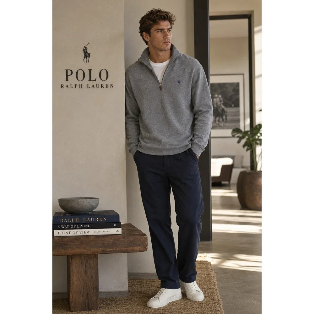 POLO BY RALPH LAUREN Mens Pullover‎ Sweater MEDIUM Gray 100% Cotton Quarter Zip